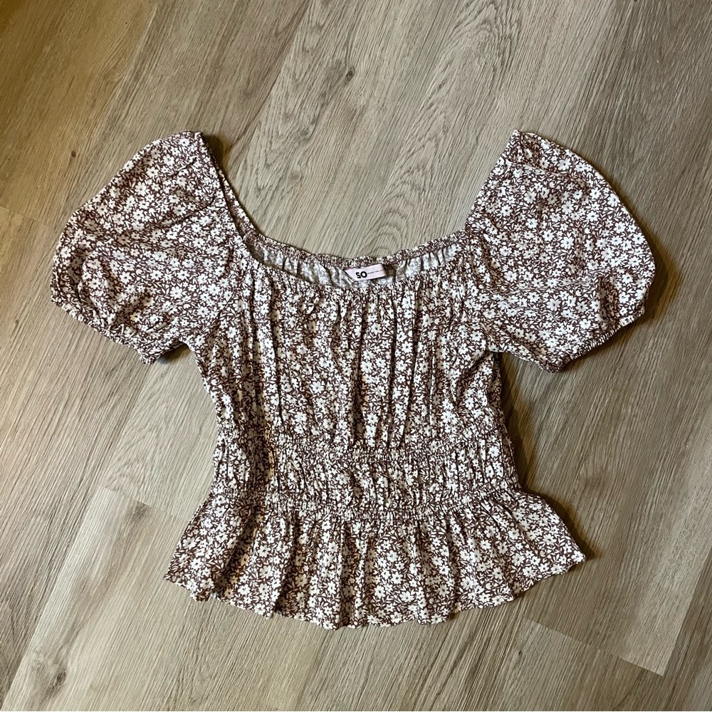 SO Brown and White Smocked Ruffled Peplum Blouse